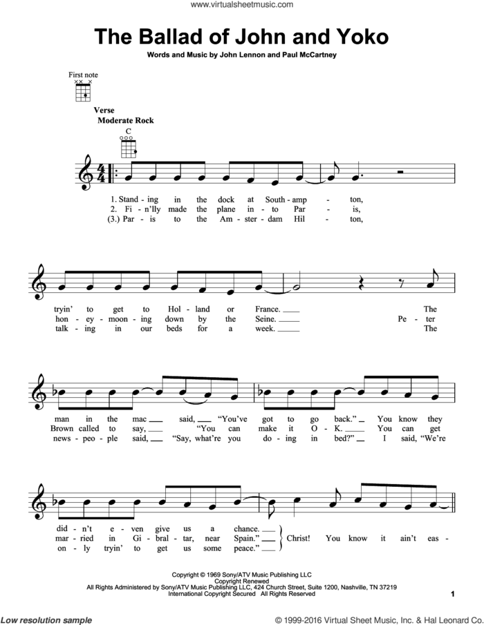 The Ballad Of John And Yoko sheet music for ukulele by The Beatles, John Lennon and Paul McCartney, intermediate skill level