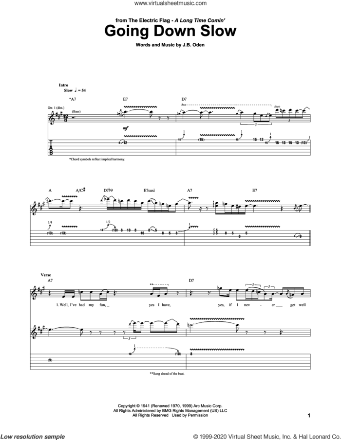 Going Down Slow sheet music for guitar (tablature) by The Electric Flag, Eric Clapton, Mike Bloomfield and J.B. Oden, intermediate skill level
