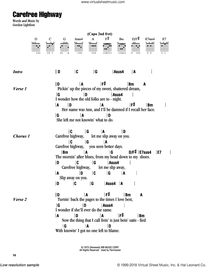 Carefree Highway sheet music for guitar (chords) by Gordon Lightfoot, intermediate skill level