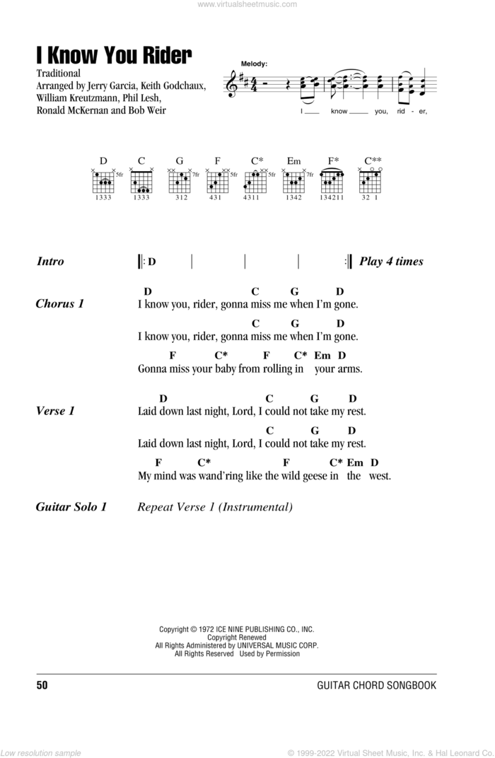 I Know You Rider sheet music for guitar (chords) by Grateful Dead, intermediate skill level