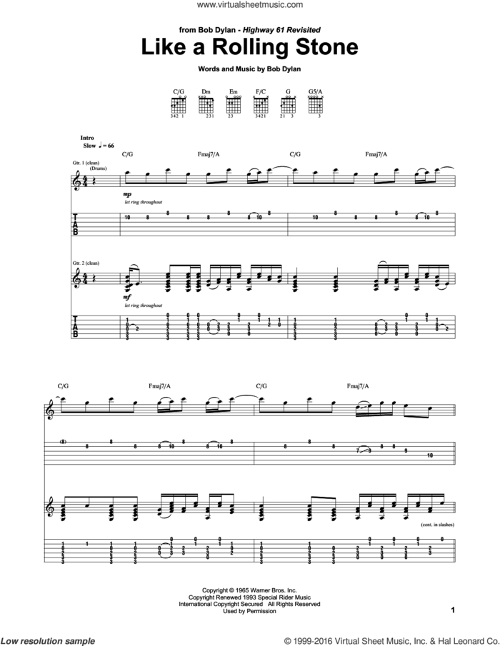 Like A Rolling Stone sheet music for guitar (tablature) by Bob Dylan and Mike Bloomfield, intermediate skill level