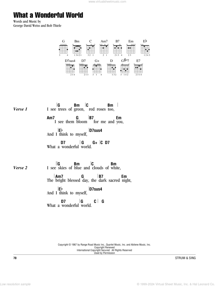 What A Wonderful World sheet music for guitar (chords) by Louis Armstrong, Bob Thiele and George David Weiss, intermediate skill level