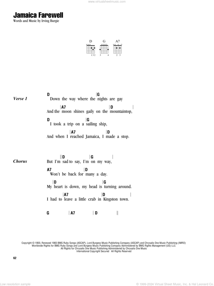 Jamaica Farewell sheet music for guitar (chords) by Harry Belafonte and Irving Burgie, intermediate skill level