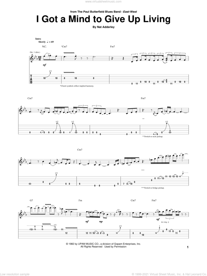 I Got A Mind To Give Up Living sheet music for guitar (tablature) by The Paul Butterfield Blues Band, Cannonball Adderley, Mike Bloomfield and Nat Adderley, intermediate skill level