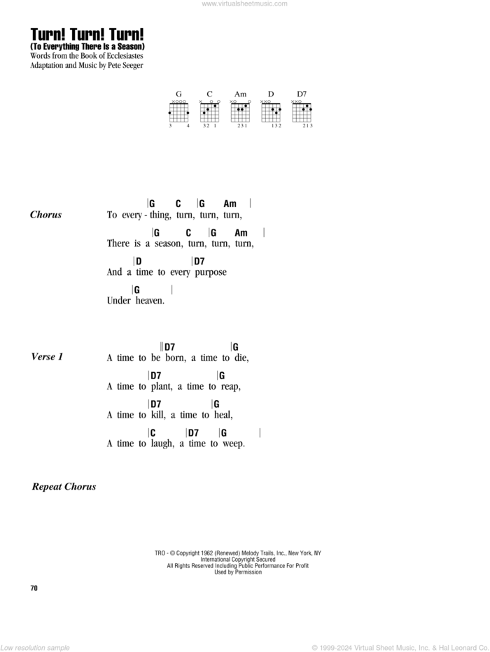 Turn! Turn! Turn! (To Everything There Is A Season) sheet music for guitar (chords) by The Byrds, Book of Ecclesiastes and Pete Seeger, intermediate skill level