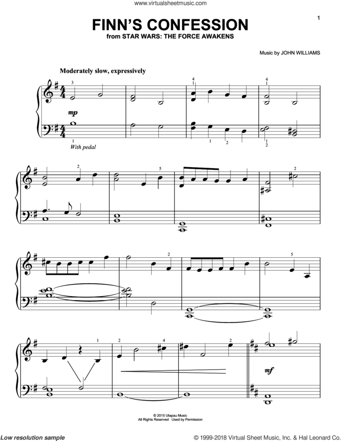 Finn's Confession sheet music for piano solo by John Williams, easy skill level