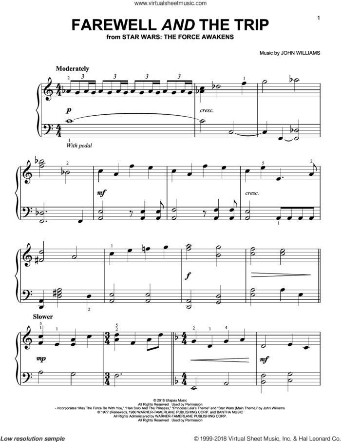 Farewell And The Trip sheet music for piano solo by John Williams, easy skill level