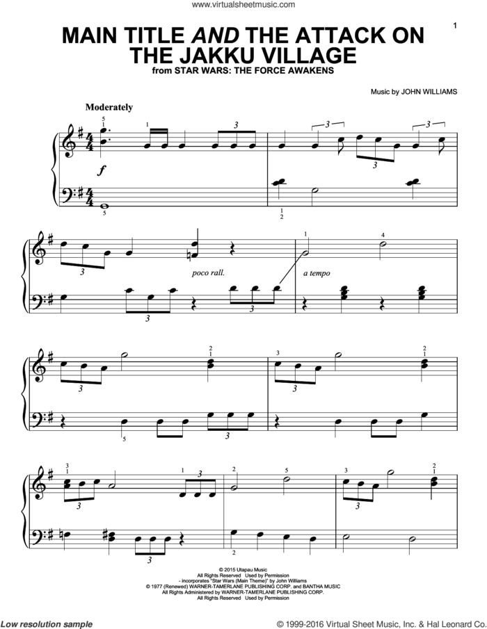 Main Title And The Attack On The Jakku Village, (easy) sheet music for piano solo by John Williams, easy skill level