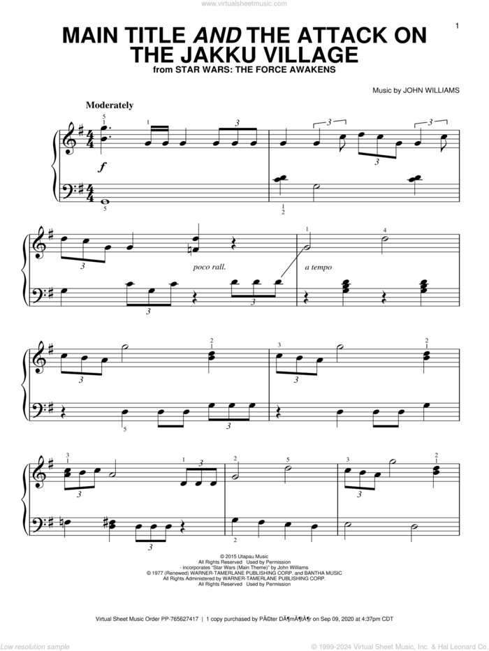 Main Title And The Attack On The Jakku Village, (easy) sheet music for piano solo by John Williams, easy skill level