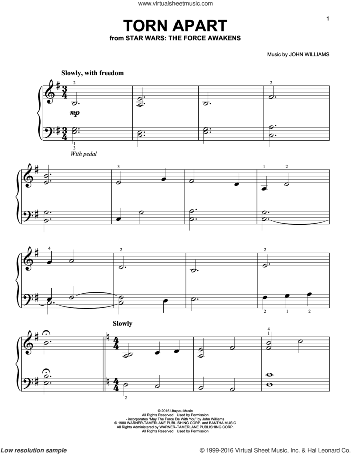 Torn Apart sheet music for piano solo by John Williams, easy skill level