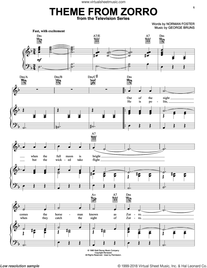 Theme From Zorro sheet music for voice, piano or guitar by Norman Foster and George Bruns, intermediate skill level