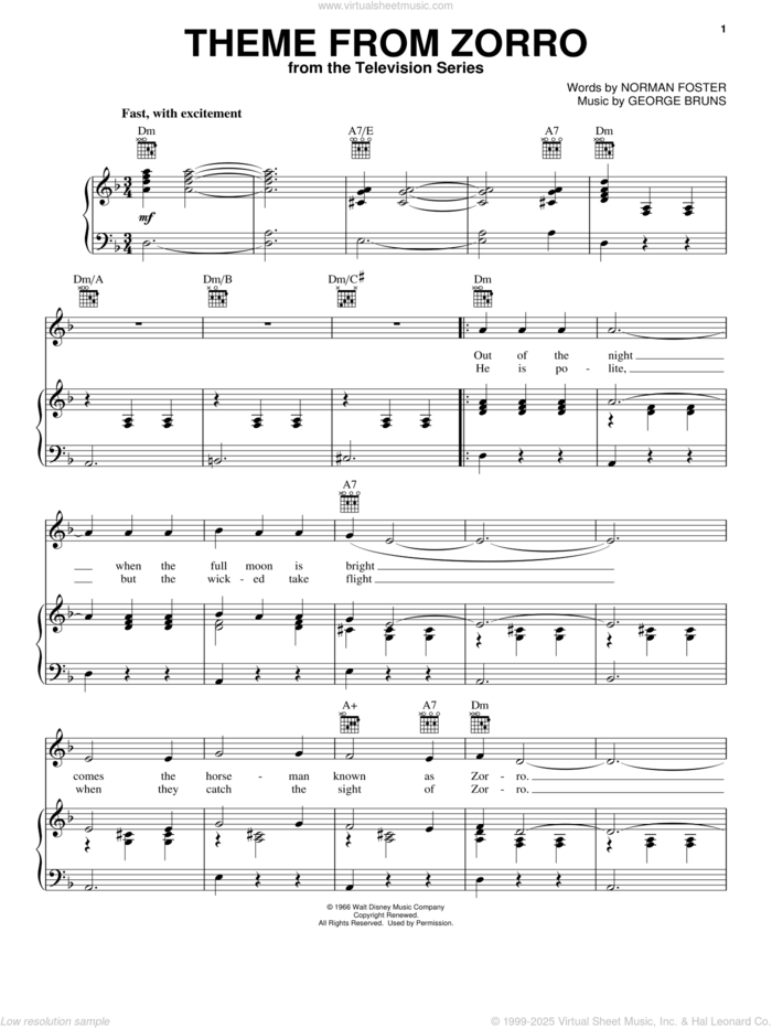 Theme From Zorro sheet music for voice, piano or guitar by Norman Foster and George Bruns, intermediate skill level