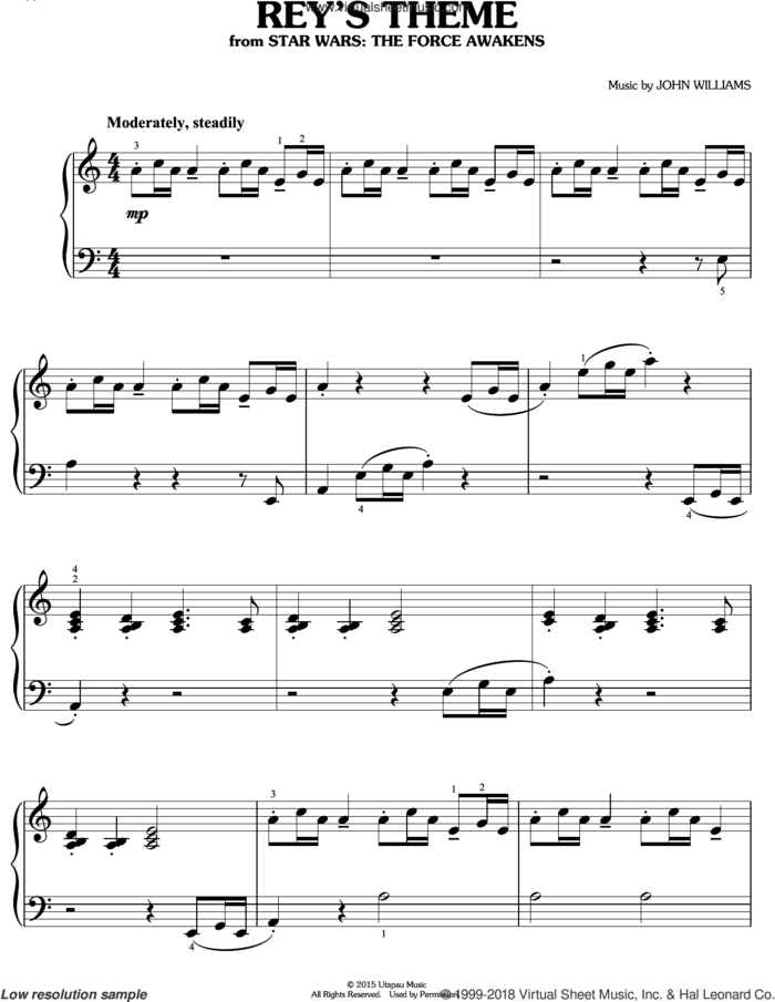 Rey's Theme sheet music for piano solo by John Williams, easy skill level