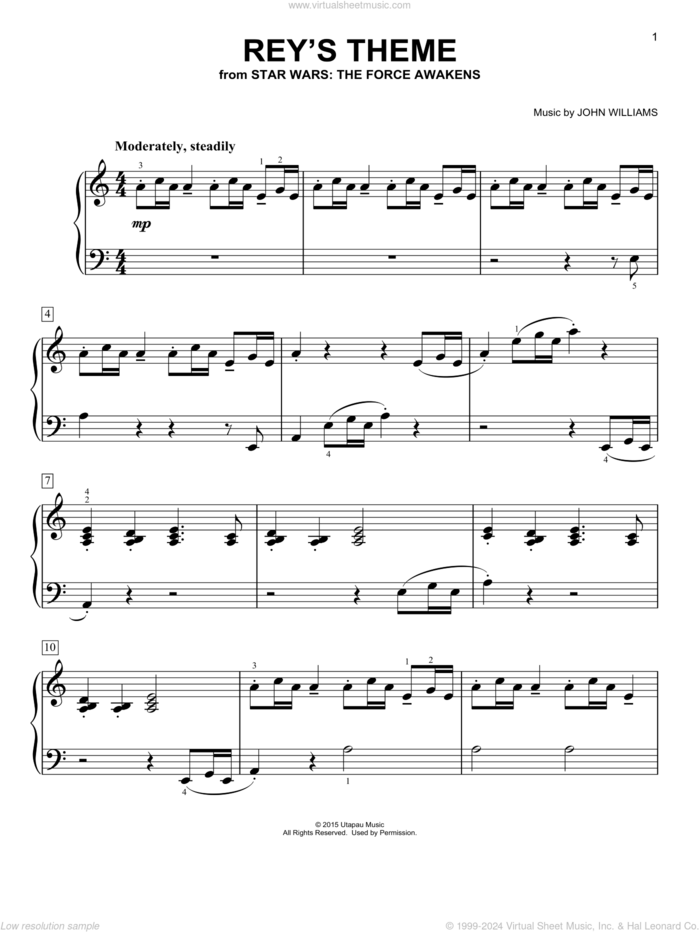 Rey's Theme sheet music for piano solo by John Williams, easy skill level