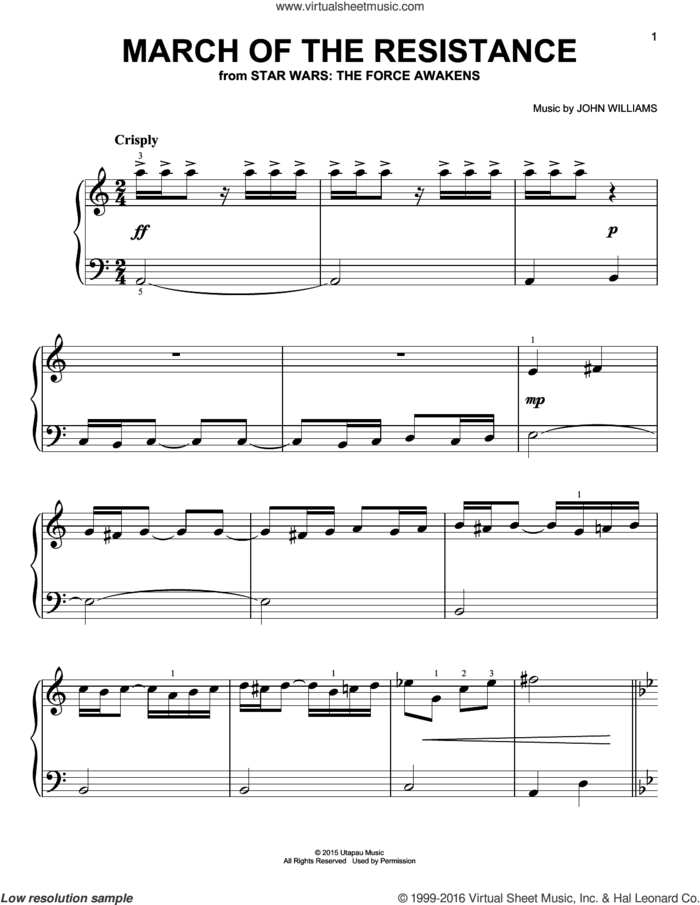 March Of The Resistance, (easy) sheet music for piano solo by John Williams, easy skill level
