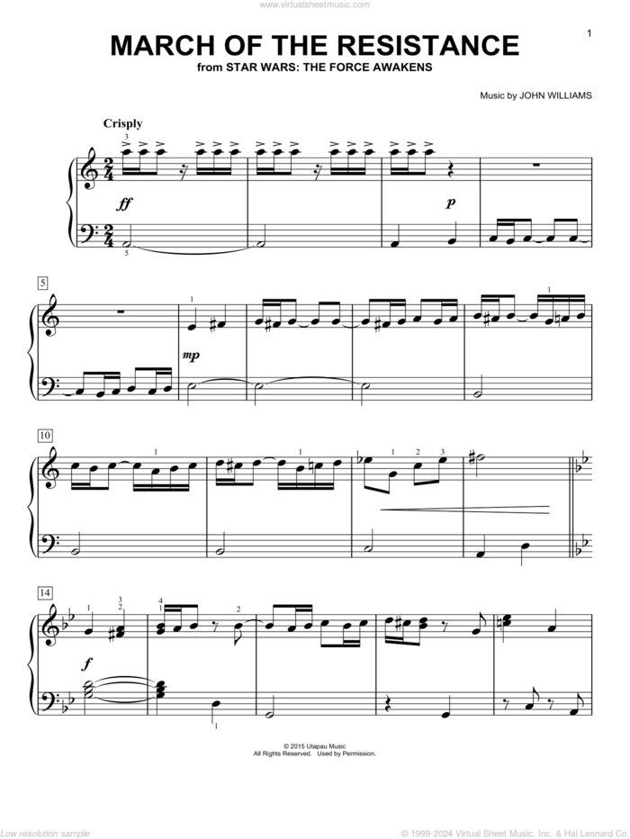 March Of The Resistance, (easy) sheet music for piano solo by John Williams, easy skill level