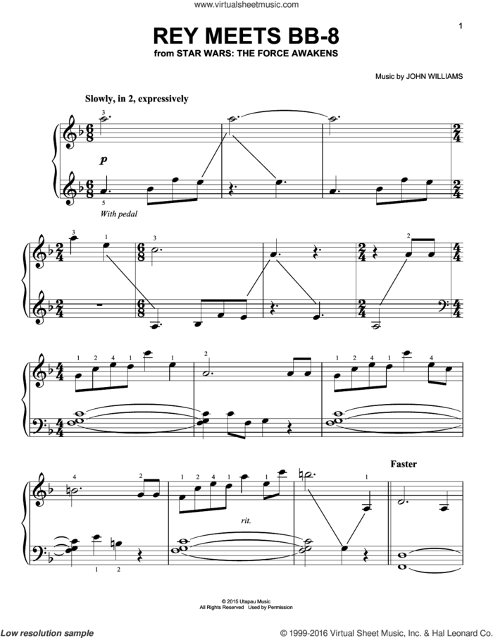 Rey Meets BB-8, (easy) sheet music for piano solo by John Williams, easy skill level