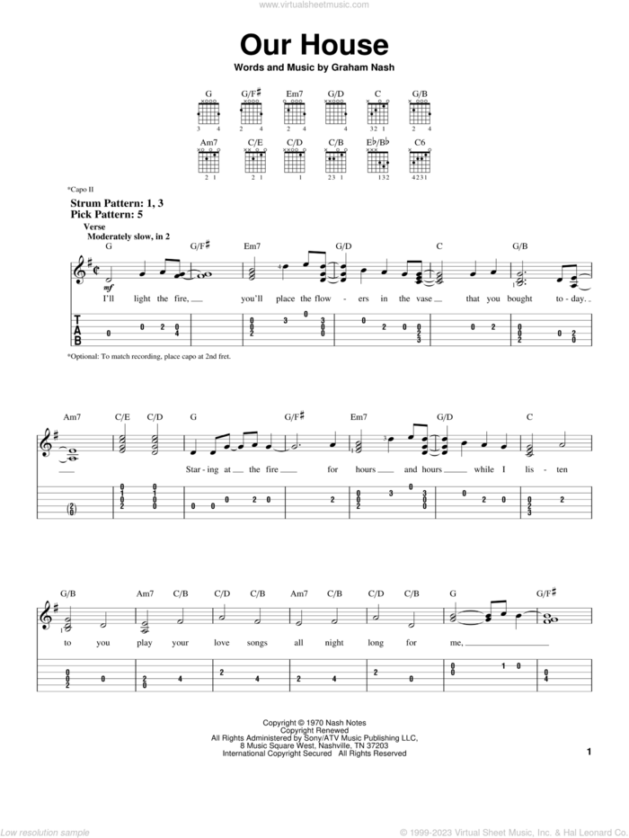 Our House sheet music for guitar solo (easy tablature) by Crosby, Stills, Nash & Young and Graham Nash, easy guitar (easy tablature)