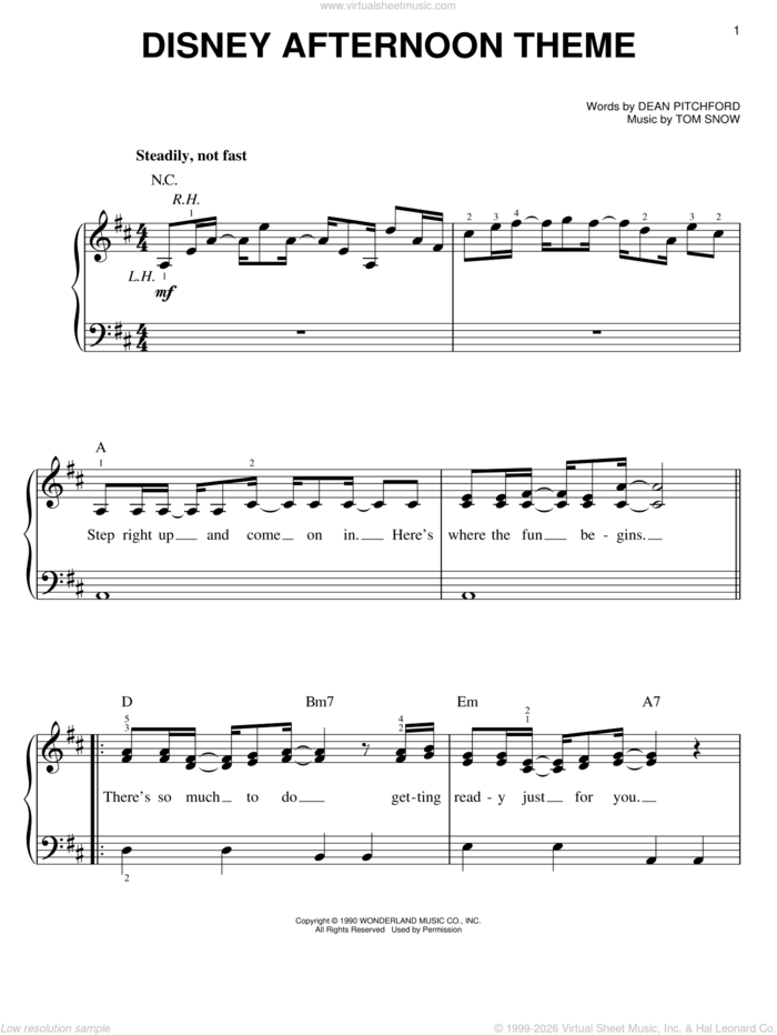 Disney Afternoon Theme sheet music for piano solo by Dean Pitchford and Tom Snow, easy skill level