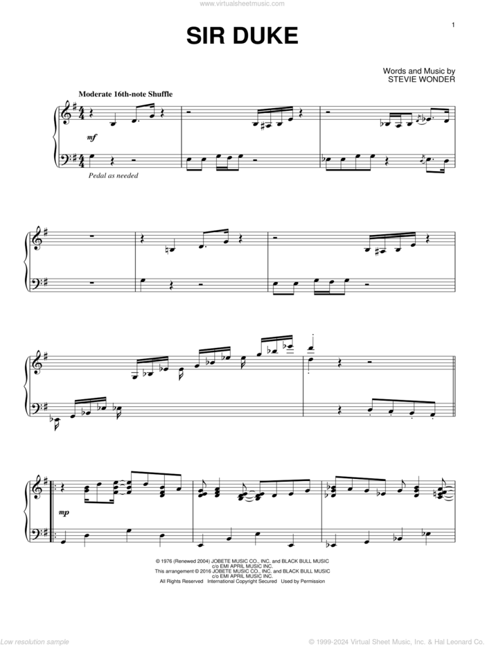 Sir Duke [Jazz version] sheet music for piano solo by Stevie Wonder, intermediate skill level