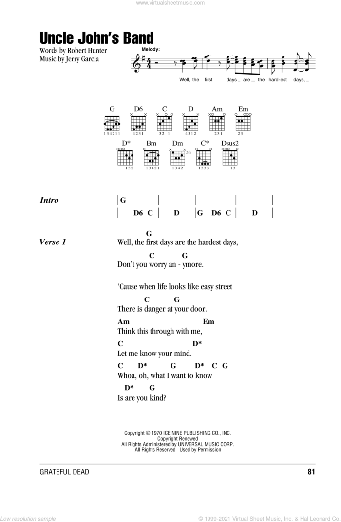 Uncle John's Band sheet music for guitar (chords) by Grateful Dead, Jerry Garcia and Robert Hunter, intermediate skill level