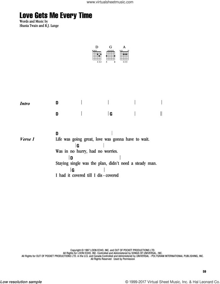 Love Gets Me Every Time sheet music for guitar (chords) by Shania Twain and Robert John Lange, intermediate skill level