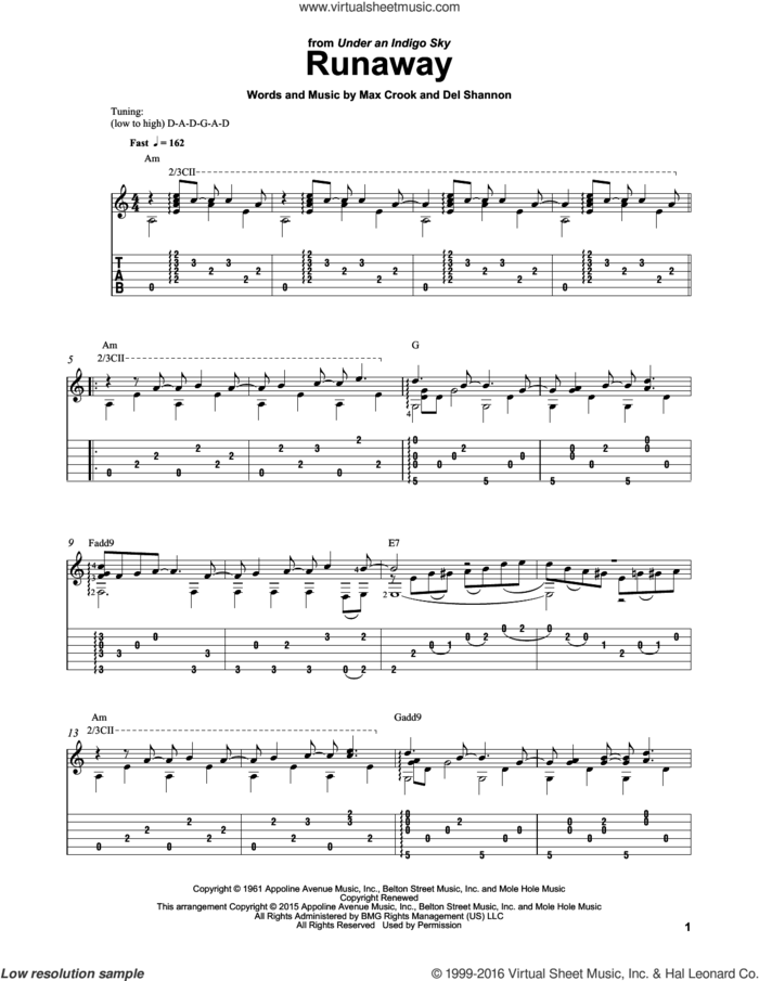 Runaway sheet music for guitar solo by Del Shannon, Laurence Juber and Max Crook, intermediate skill level