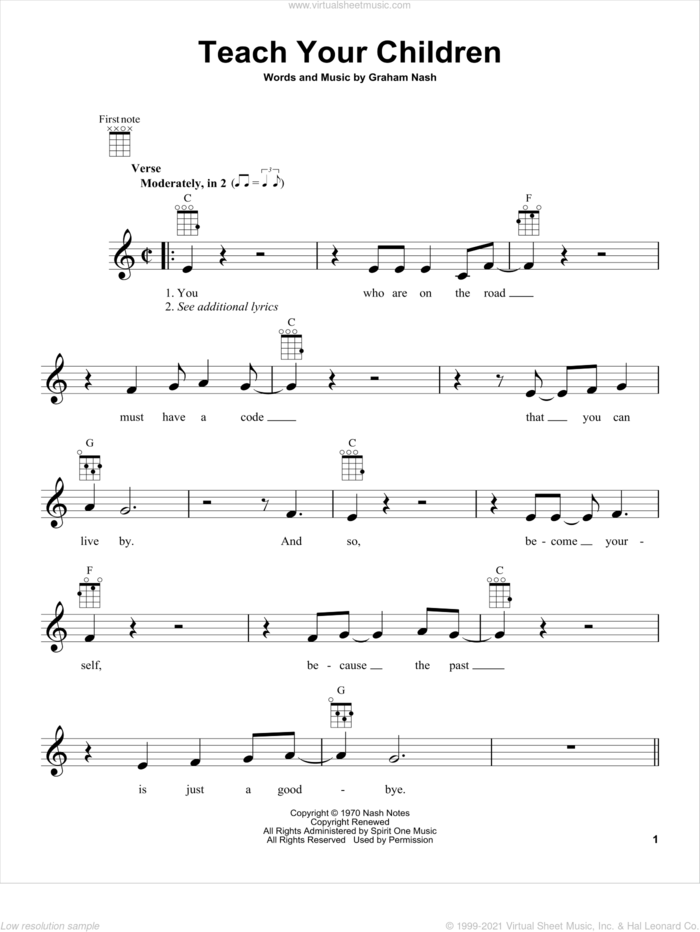 Teach Your Children sheet music for ukulele by Crosby, Stills, Nash & Young and Graham Nash, intermediate skill level