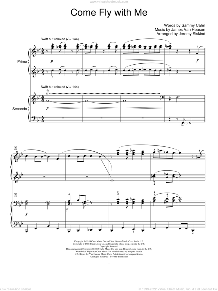 Come Fly With Me (arr. Jeremy Siskind) sheet music for piano four hands by Frank Sinatra, Jeremy Siskind, Jimmy van Heusen and Sammy Cahn, intermediate skill level