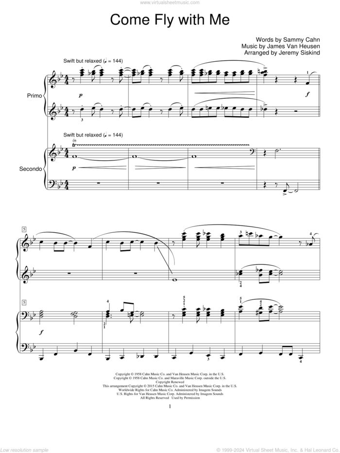 Come Fly With Me (arr. Jeremy Siskind) sheet music for piano four hands by Frank Sinatra, Jeremy Siskind, Jimmy van Heusen and Sammy Cahn, intermediate skill level