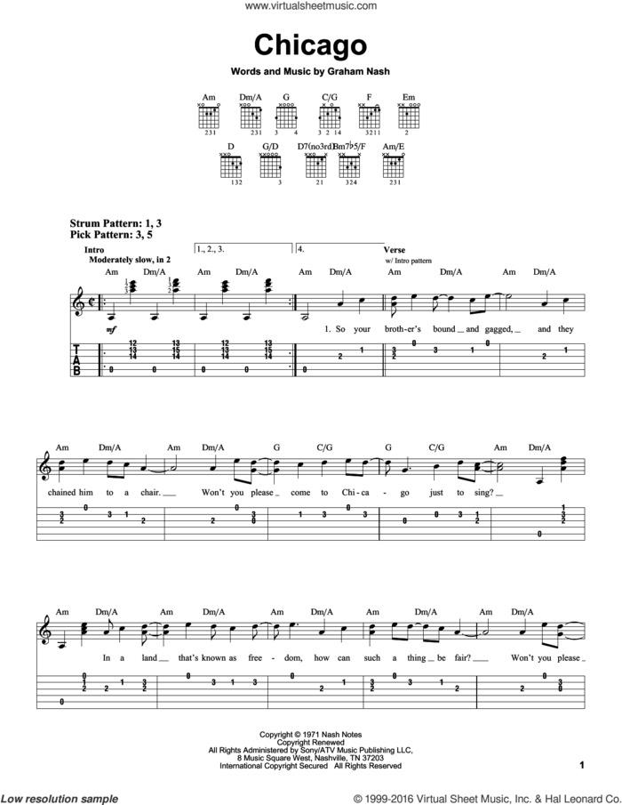 Chicago sheet music for guitar solo (easy tablature) by Crosby, Stills & Nash and Graham Nash, easy guitar (easy tablature)
