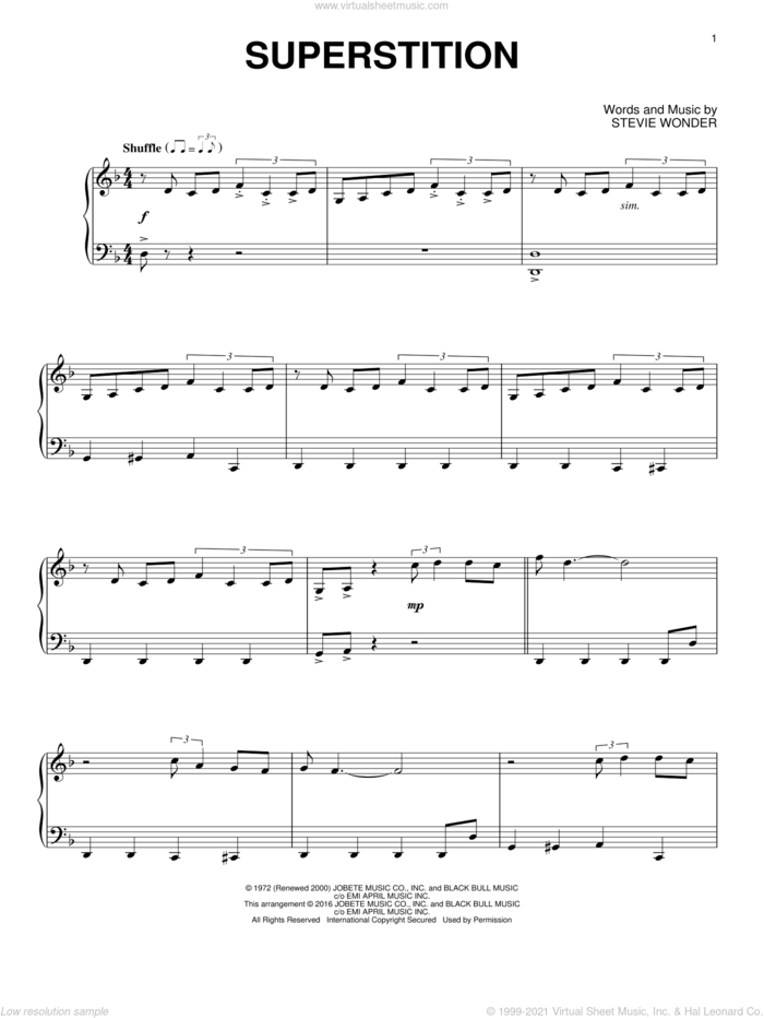 Superstition [Jazz version] sheet music for piano solo by Stevie Wonder and Stevie Ray Vaughan, intermediate skill level