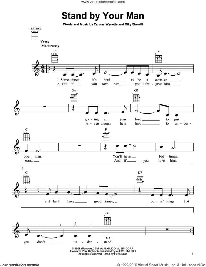 Stand By Your Man sheet music for ukulele by Tammy Wynette and Billy Sherrill, intermediate skill level