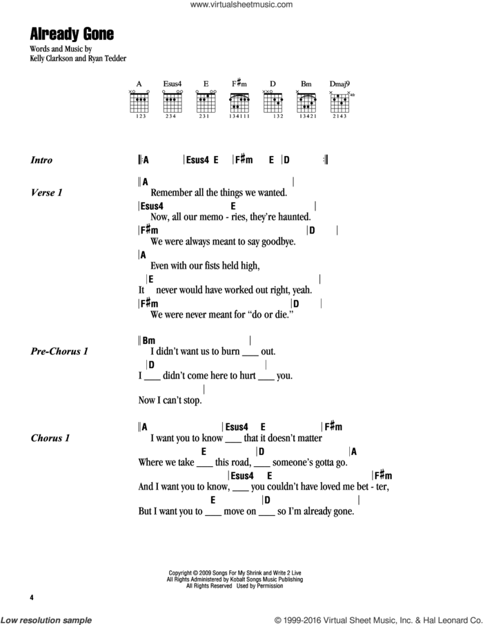 Already Gone sheet music for guitar (chords) by Kelly Clarkson and Ryan Tedder, intermediate skill level
