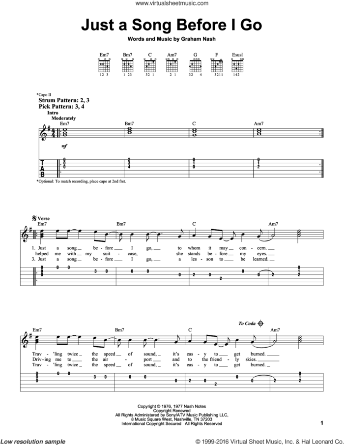 Just A Song Before I Go sheet music for guitar solo (easy tablature) by Crosby, Stills & Nash and Graham Nash, easy guitar (easy tablature)
