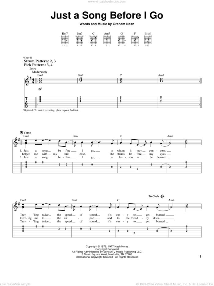 Just A Song Before I Go sheet music for guitar solo (easy tablature) by Crosby, Stills & Nash and Graham Nash, easy guitar (easy tablature)