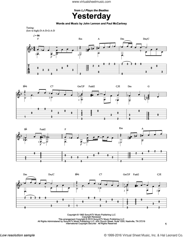 Yesterday sheet music for guitar solo by Paul McCartney, Adam Levine & Tony Lucca, Boyz II Men, Laurence Juber, The Beatles and John Lennon, intermediate skill level