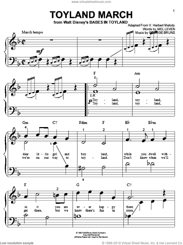 Toyland March (from Babes In Toyland) sheet music for piano solo (big note book) by Mel Leven, George Bruns and George Bruns & Mel Leven, easy piano (big note book)