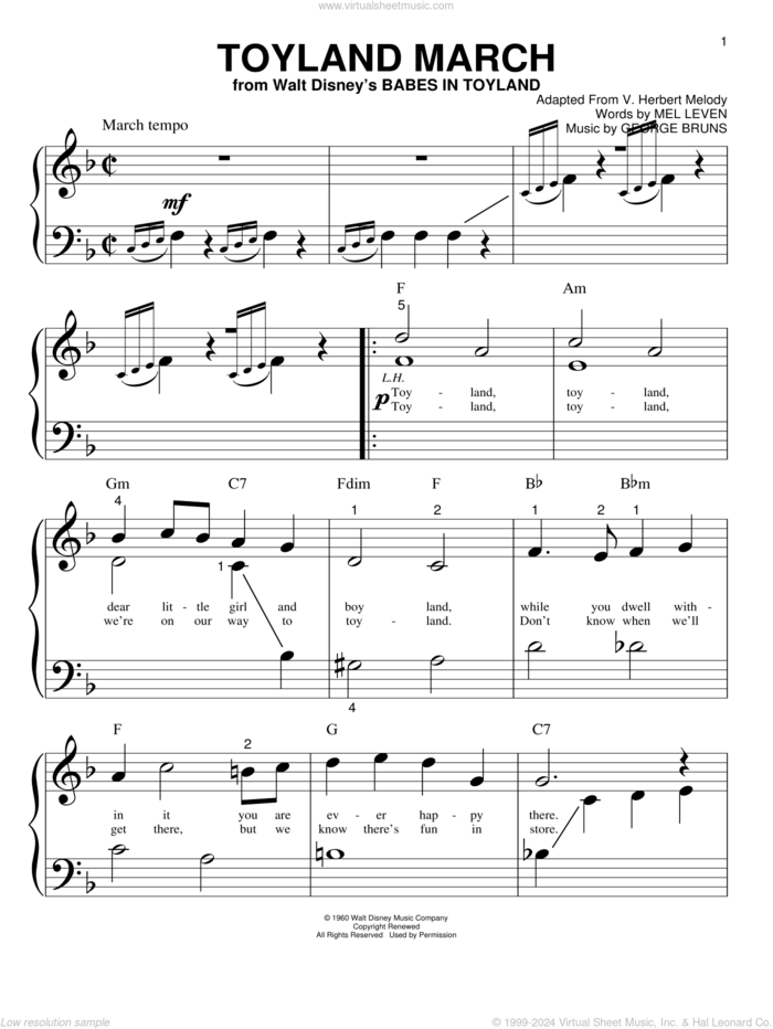 Toyland March (from Babes In Toyland) sheet music for piano solo (big note book) by Mel Leven, George Bruns and George Bruns & Mel Leven, easy piano (big note book)