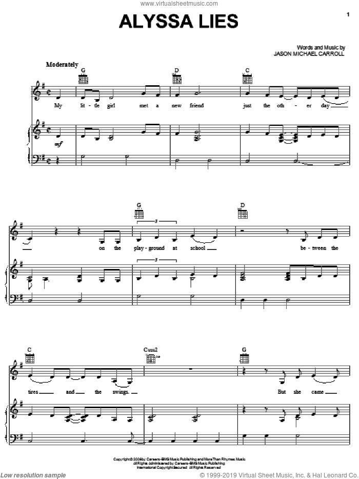 Alyssa Lies sheet music for voice, piano or guitar by Jason Michael Carroll, intermediate skill level