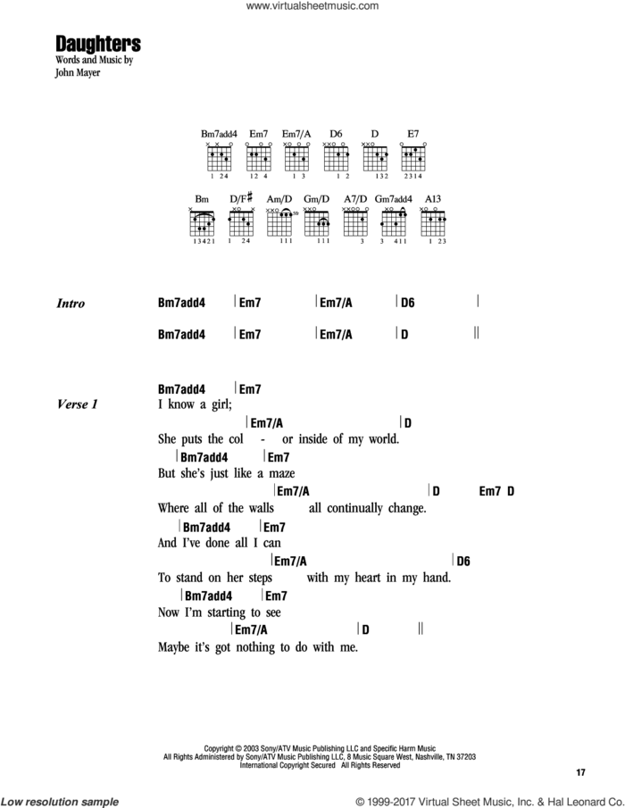 Daughters sheet music for guitar (chords) by John Mayer, intermediate skill level