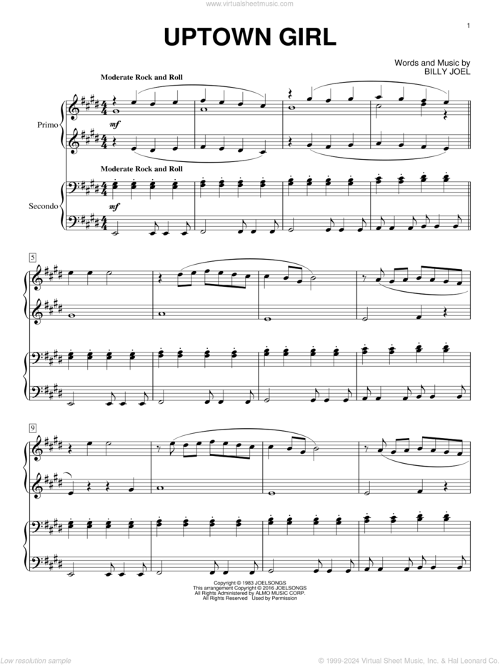 Uptown Girl sheet music for piano four hands by Billy Joel, intermediate skill level