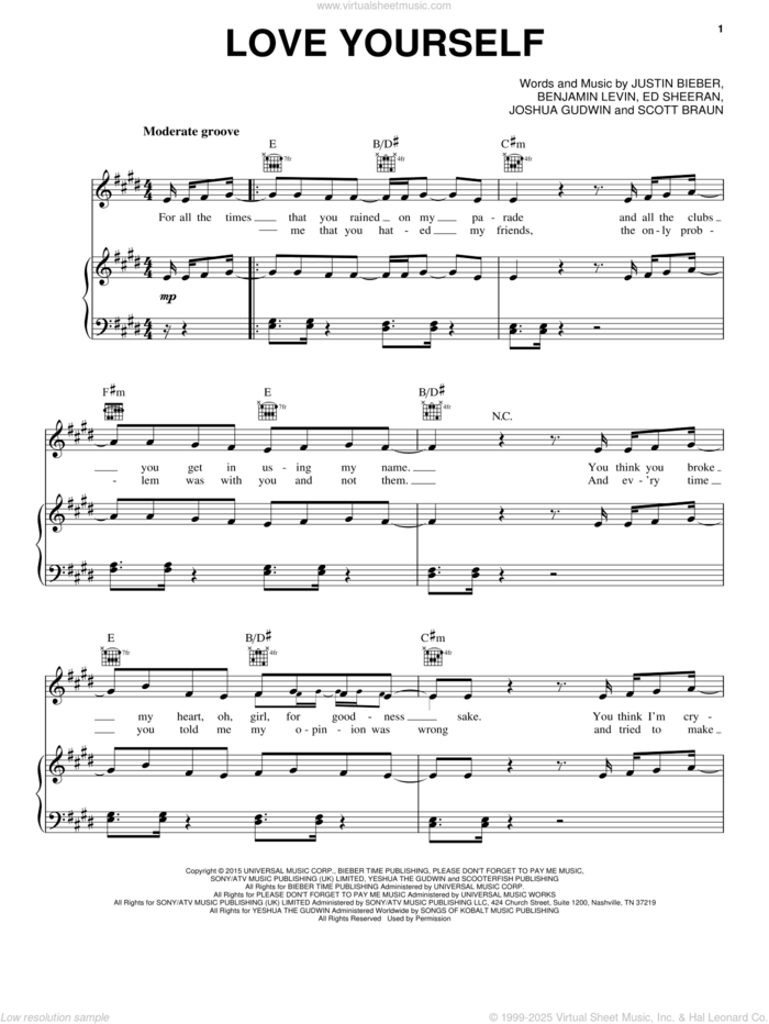 Love Yourself sheet music for voice, piano or guitar by Justin Bieber, Benny Blanco and Ed Sheeran, intermediate skill level