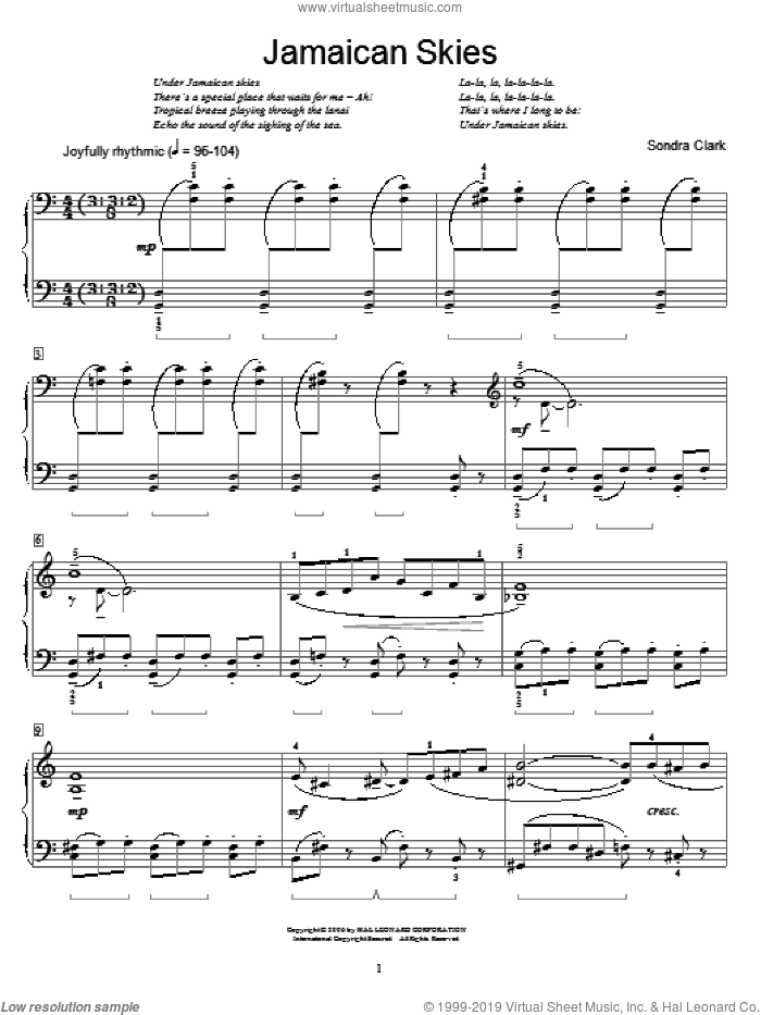 Jamaican Skies sheet music for piano solo (elementary) by Sondra Clark and Miscellaneous, beginner piano (elementary)