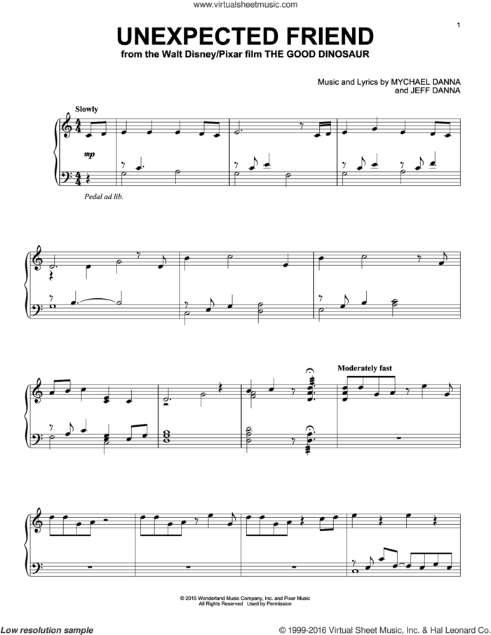 Unexpected Friend sheet music for piano solo by Mychael & Jeff Danna, Jeff Danna and Mychael Danna, intermediate skill level