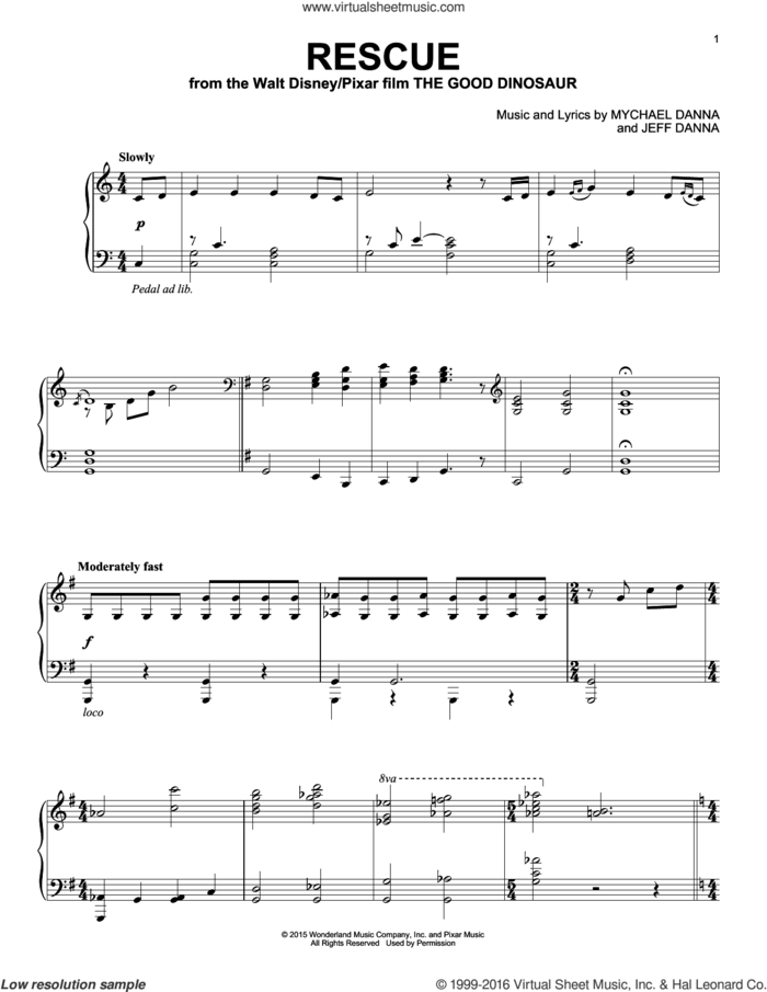 Rescue sheet music for piano solo by Mychael & Jeff Danna, Jeff Danna and Mychael Danna, intermediate skill level