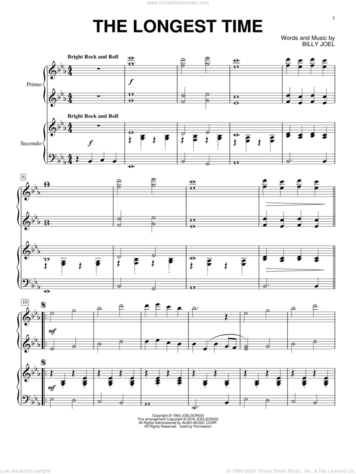 The Longest Time sheet music for piano four hands by Billy Joel, intermediate skill level