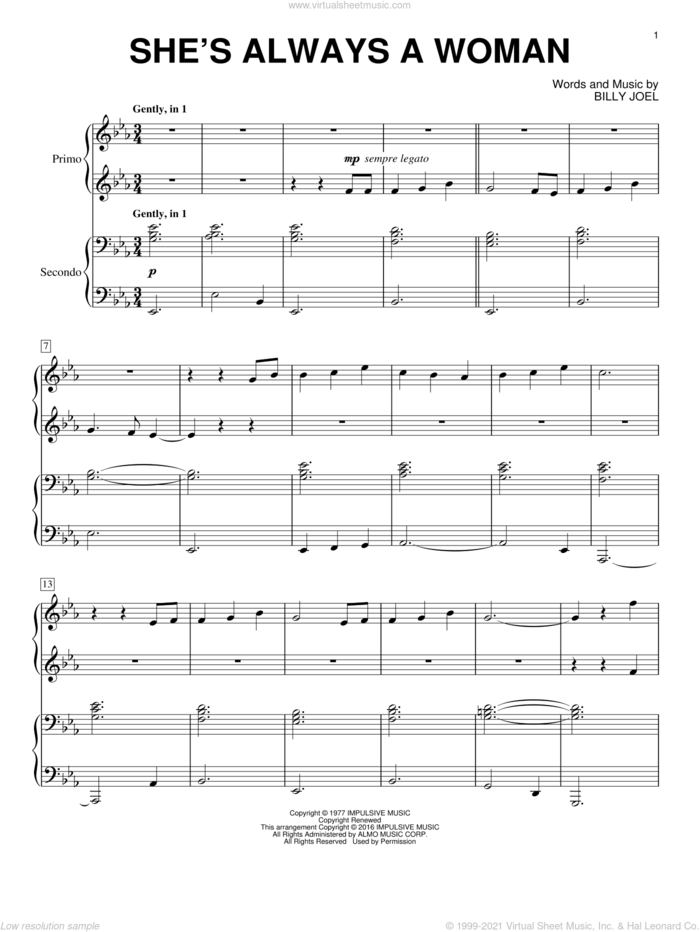 She's Always A Woman sheet music for piano four hands by Billy Joel, intermediate skill level