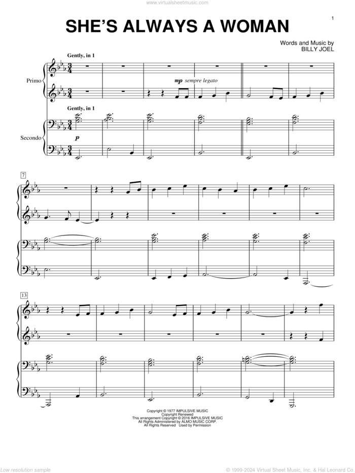 She's Always A Woman sheet music for piano four hands by Billy Joel, intermediate skill level