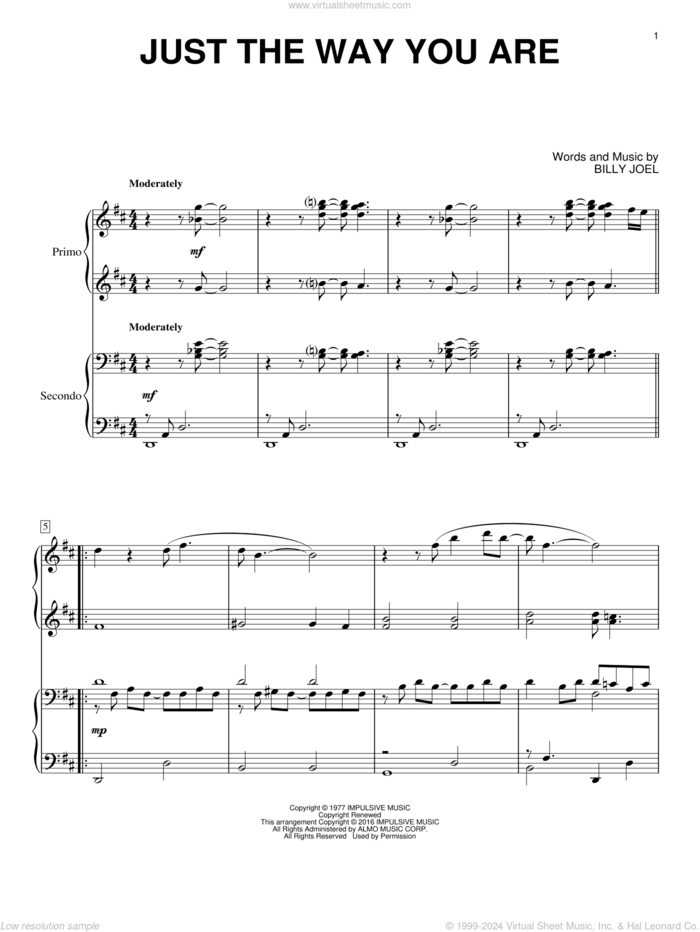 Just The Way You Are sheet music for piano four hands by Billy Joel, wedding score, intermediate skill level